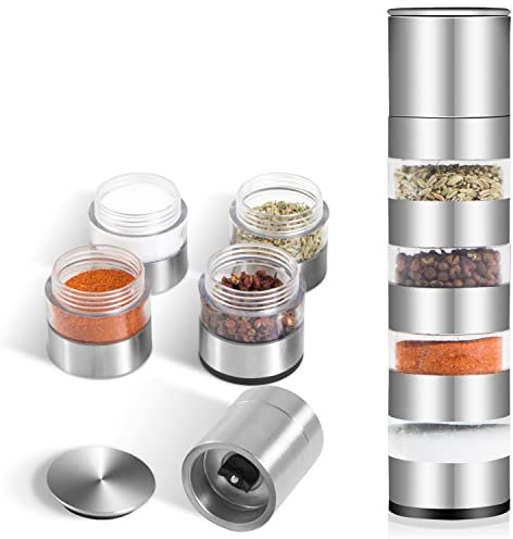Set di Mini Barattolo di Spezie, DASKING 4-in-1 Organizzatore di Spezie da Campeggio con Macinino per Spezie,barattoli per spezie portatili in acciaio inox per picnic all'aperto, barbecue, viaggi