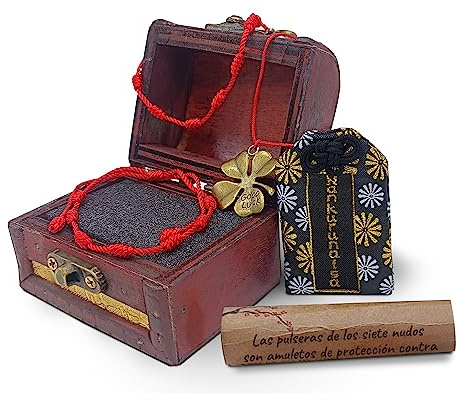 Pulsera de 7 Nudos Roja, Hilo Rojo del Destino con Amuletos de la Suerte y Protección, Regalos Originales para Mujer con Cofre del Tesoro y Trebol de la Buena Suerte y Omamori de la Fortuna