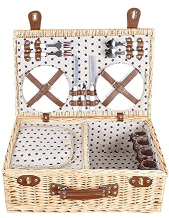 BASII Picknickkorb-Set für 4 Personen mit großer isolierter Innentasche, Picknickkorb, tragbare Picknicktasche mit Deckel, Picknickzubehör für Camping im Freien-B