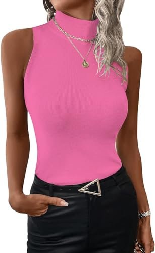 ELFIN Damen Rolli Top Elegant Rollishirt Rollkragen Ärmellos Basic Stretch Weste Slim Fit Gerippt Tank Tops Pullover Einfarbig (XL, Roserot)
