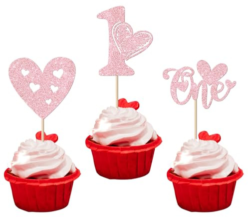 Xsstarmi 24 Pack Valentine's Day Heart One Cupcake Toppers Glitter Heart 1st Birthday Cupcake Picks Decorations for Sweet Valentine's Day Baby Shower First Birthday Party Cake Decorations Gold