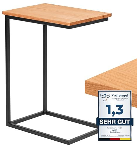 LAMO Manufaktur Beistelltisch | Laptoptisch | Sofatisch | mobiler Kaffeetisch | Nachttisch | 50x35x67 cm | Gestell Schwarz | 100% Echtholz Massiv Platte Farbe: Natur