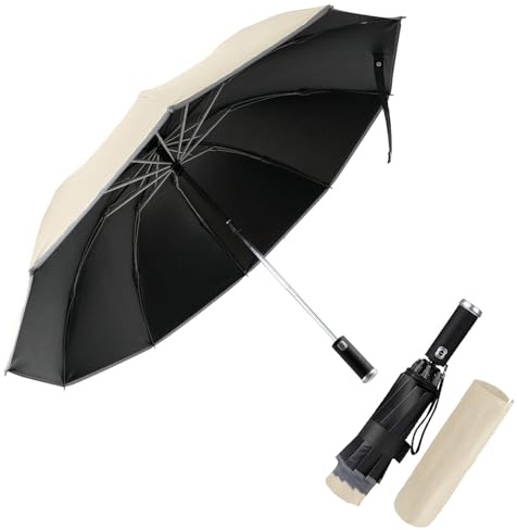 Pioggistar Regenschirm Sturmfest, Taschenschirm für Herren und Damen, Umgekehrter Regenschirme 10 Rippen, Ausgestattet mit Taschenlampe, Automatisch Auf und Zu, kompakt, Durchmesser 105 cm, Beige