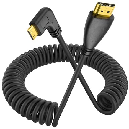 YACSEJAO Cable en espiral Mini HDMI de 90 grados, Mini HDMI macho a HDMI macho, cable elástico en espiral para cámaras, DSLR, videocámaras, pantallas portátiles y monitores (ángulo izquierdo)