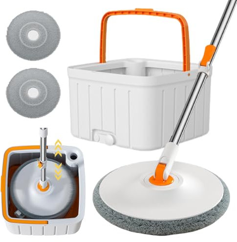 ulafbwur Mopa giratoria de microfibra y cubo, trapeador de acero inoxidable, juego de cubo de fregona con mango retráctil, rotación de 360 grados, cabeza cuadrada, mopa de microfibra húmeda y seca,