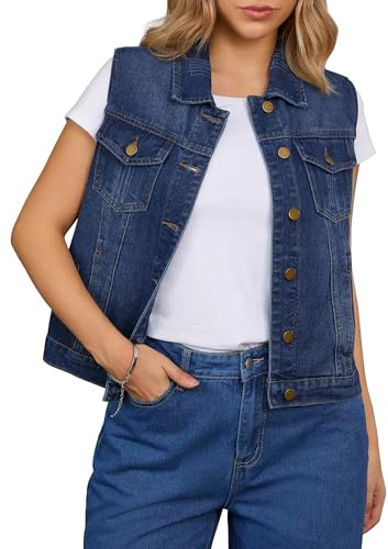 CIMUK Women's Denim Vest Button Down Jacket W Chest Flap Pockets Washed Distressed Sleeveless Jean Jacket Medium Dark Blue