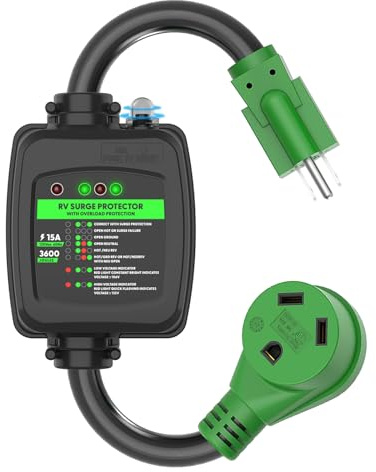RVGUARD - Protezione da sovratensione da 30 A 110 V Cavo adattatore per camper con protezione da sovraccarico, NEMA 5-15P a NEMA TT-30R Adattatore di alimentazione elettrica, 2 piedi, verde, elencato