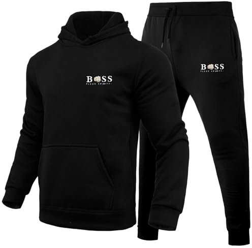 WAZHAKU Survêtement de sport pour homme, long, confortable et surdimensionné, 2 pièces, sweat à capuche et pantalon, avec motif de lettres créatives, pour l’automne et l’hiver, c noir, M
