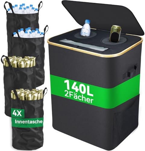 DanzeyGreen 140L Pfandflaschen Sammelbehälter mit Deckel,2 Fächer,4 Flaschentaschen,Großer Pfandbehälter,Flaschensammler leergut geeignet für Küche und Speisekammer,Schwarz