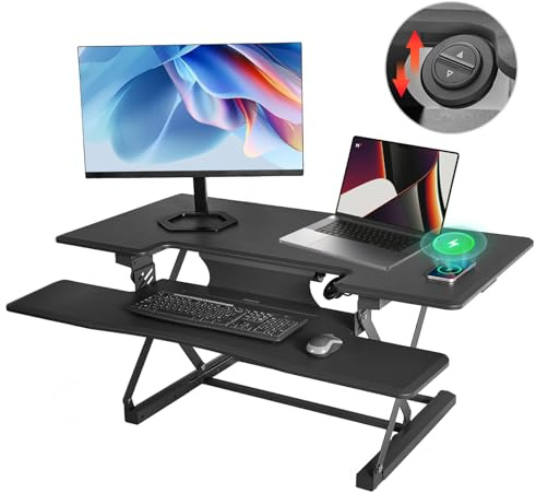 Roomark Elektrisch Höhenverstellbarer Schreibtisch,Stehpult, Tisch Höhenverstellbar Laptop,Schreibtischaufsatz mit USB & Type-C Ladeanschluss & Kabellose Ladestation (46 / 117x59 cm)