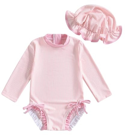 Vioyavo Newborn Toddler Girls Rash Guard Swimsuit Striped Print Long Sleeve Back Zipper Romper Cute Hat Swimwear Bathing Suit (Pink, 12-18 Months)