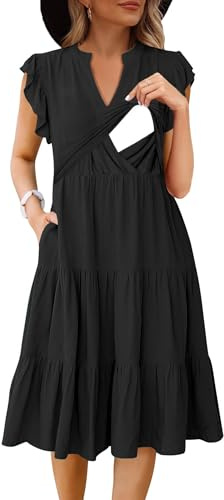 CzzzyL Womens Nursing Midi Dress Breastfeeding Summer Ruffle Sleeveless V Neck Tiered Beach Sundress with Pockets