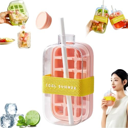 SNXLXUR Ice Cube Bottle,2 in 1 Touch-Free Ice Cube Tray Water Bottle with Lid and Bin,2025 New Ice Cube Making Bottle,Easy Ice Release Silicone Ice Cube Tray for Coffee, Juice, And Beverages (Pink)