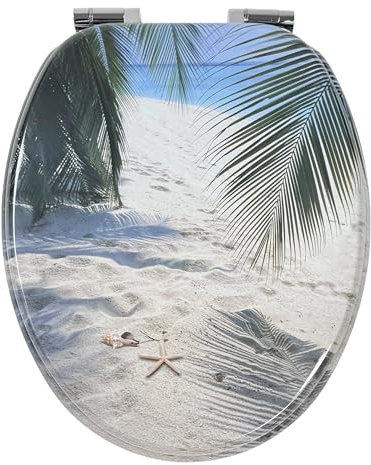 WC Sitz mit Absenkautomatik | Holzkern | stabile Softclose Scharniere | einfache Montage | glatte Oberfläche | Motive zur Auswahl | Holz WC-Deckel universell passend (Beach)