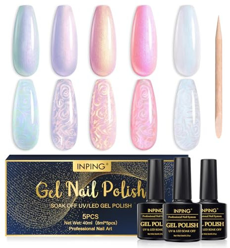 INPING UV Nagellack Pearl, 5 Farben Rosa Weiß Grün Violet Gel Nagellack UV Mit Stick, Frühling Sommer UV Gel Soak Off French Nail Polish für Frauen Nail Salon DIY, 8 ML