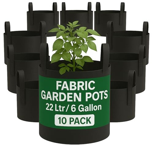 Bronte Heritage Grow Bags for Vegetables - 10-Pack Fabric Pots with Handles, 22L (6 Gallon) Black Garden Bags for Planting Potato, Tomato, Strawberry or Chili Plants. Outdoor or Indoor Containers