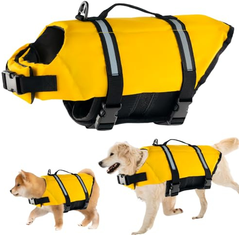 Gilet de Sauvetage pour Chiens, FainFun Gilets de Sécurité pour Chiens Orange, pour Grande Taille und Petit Chien, avec Bandes Réfléchissantes/Ceinture Réglable (Jaune, L)