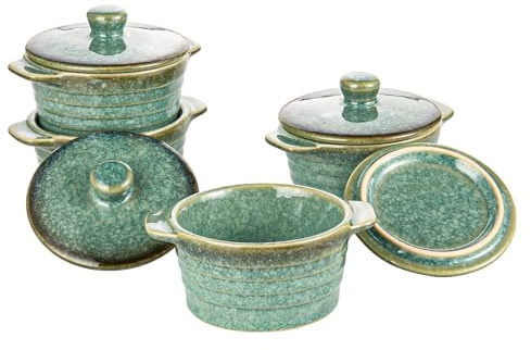 Creme Brulee Ramekins 8 oz with Lids, Oven Safe Bowls for French Onion Soup - Souffle Dish, Mini Covered Casserole Dish, Pot Pie Baking Dishes Set of 4, Reactive Green