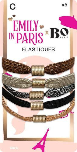 Emily in Paris x Bo Paris – Élastiques cheveux brillants x5 – Effet pailleté – Doré, bronze, noir, argent, cuivré – Accessoire coiffure glamour – Look soirée chic - Lot de 1