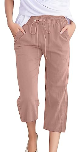 Femme 3/4 Pantacourt Été, Pantacourts en Coton et Lin, Pantacourt Femme avec Poches, S-3XL