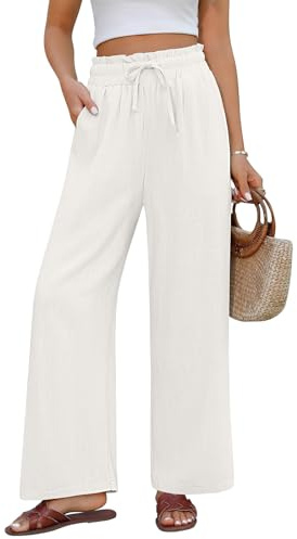 UMIPUBO Pantaloni Lino Donna Estivi Casual Cotone Pantalone Larghi Elastica Vita Alta Leggeri Elegante Gamba Dritta Palazzo con Coulisse Comodi Pantaloni da Spiaggia con Tasche (Beige, L)
