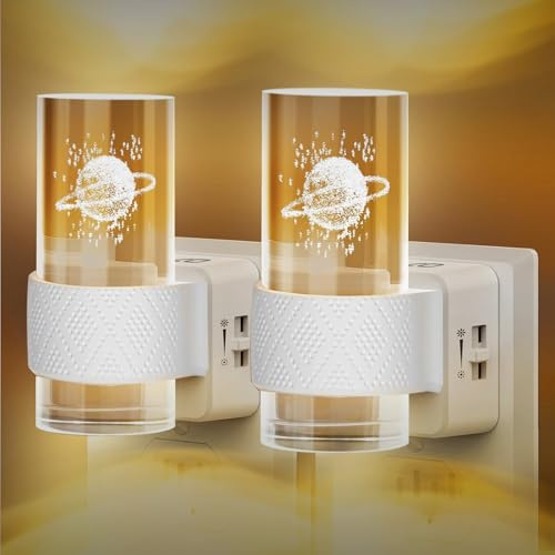 Gemmac Nachtlicht Steckdose Wandleuchte Innen mit Planet, LED Nachtlicht Dimmbar mit DäMmerungssensor Warmweiß 3000k Nachttischlampe, Wandlampe Steckdosenlampe für Home Decoration Geschenke Bathroom
