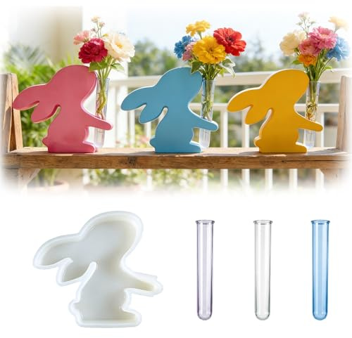 GZXUEHU Osterhasen Silikonform mit 3 Reagenzglas, Hydrokultur Pflanzen Silikonform, 3D Kaninchen Gießform Ostern, DIY Propagation Station für Ableger Pflanzen