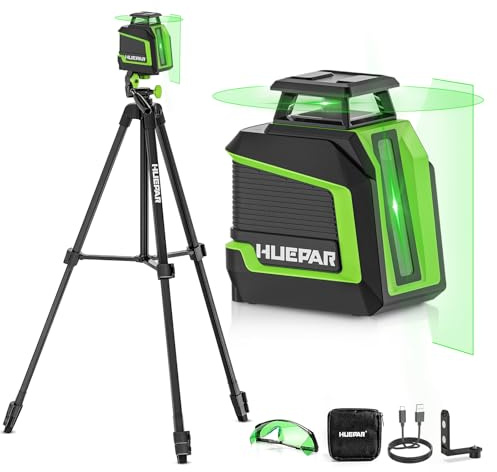Niveau Laser 360° avec 152m Trépied –Huepar 25 m-50 m Vert Laser Autonivelant + Mode impulsion – 3 Niveaux de Luminosité – Batterie Li‑ion Rechargeable – Pour Pose de Carrelage, Décoration Intérieure