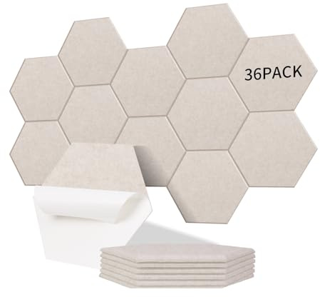 Sonuvia paket med 36 Hexagon akustikpaneler självhäftande, täcker 2,11m²,ljudisolering för väggar och dörrar - 230 kg/m³, NRC 0,95,100% polyester, idealisk för ljudisolering vägg,Ljus camel