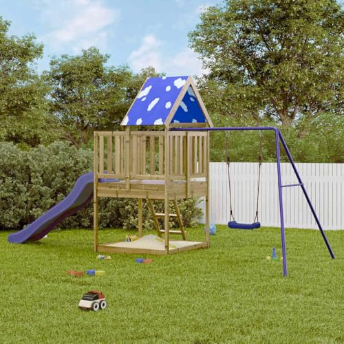 Spielturm aus imprägniertem Kiefernholz mit Schaukel, Wellenrutsche, Sandkasten, Klettergerüst und Leiter für Kinder im Garten, Outdoor Spielgerät mit stabilem Gestell und Wetterschutz
