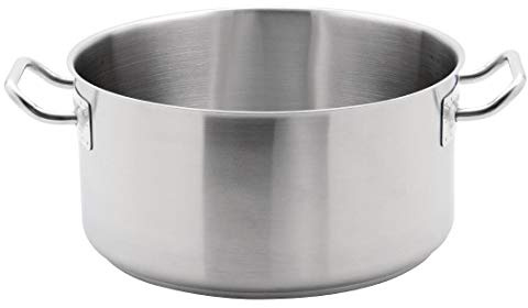 Vogue Stewpan in Silver 18/10 Stainless Steel with Sturdy Stay Cool Welded Handle - Heavy Duty Cooking Induction Compatible Pan - 12.5L / 320mm | Thick 6mm aluminium base prevents hot spots for even cooking, while the stay-cool welded handle ensures safe handling.