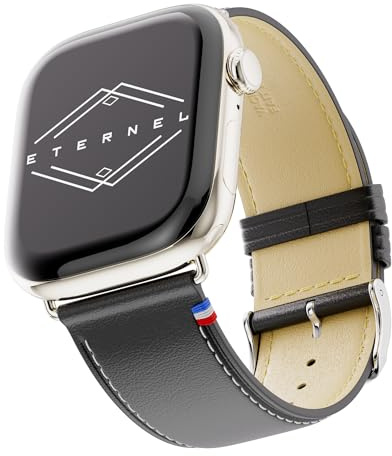 Eternel - Simple tour Bracelet iconique - Compatible toutes Apple Watch - 45/46mm - Fait main en France - Tannage végétal - Noir - Adaptateurs acier inoxydable