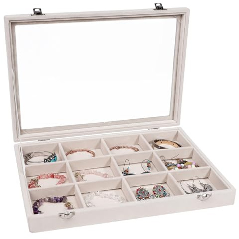 Stratalife Jewelry Organizer Bracelet Organizer Storage Box 12 Grid Stackable Jewelry Tray with Lid Velvet Jewelry Box for Drawer Necklace Bracelet Display Storage Organizer Box (Beige)