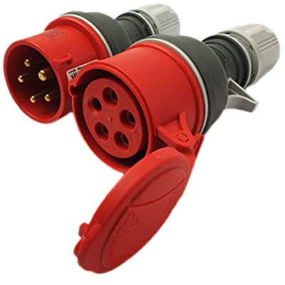 RoadEu - CEE Stecker + Kupplung 5-polig 32A 400V – IP44 – Gummiertes Gehäuse rutschfest – Industriequalität für Baustelle, Landwirtschaft, Werkstatt