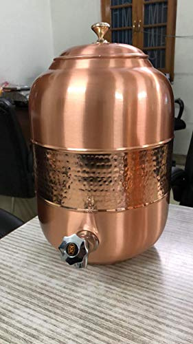 Spacetouch Distributeur d'eau en cuivre martelé pour boissons glacées - 8 litres - Avec couvercle - Ayurvédique - En cuivre - Réservoir d'eau Matka / Tanki