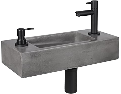 Differnz Jax Waschbecken mit Seifenspender – Handwaschbecken Beton dunkelgrau – Wasserhahn gerade schwarz matt – Komplettset – 42 x 18,5 x 9 cm