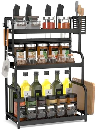 FEXPLENDID küchenregal arbeitsplatte, 57.5x44x21cm, gewürzregale für arbeitsplatte küche, Stahl, gewürz organizer, gewürzregal stehend, tischregal für Küche, Büro, Waschraum(3-Lagen schwarz)