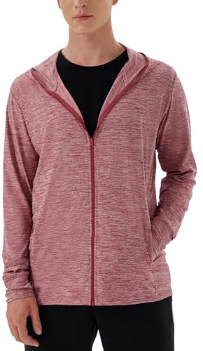 Woitury Men's Hiking Shirt Full Zip Sun Protection Jacket Hoodie with Pockets Lightweight Fishing Shirts Dark Red L