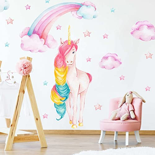 WANDKIND Einhorn mit Regenbogen Wandtattoo Kinderzimmer V380 | handgezeichnet | AUFKLEBER Kindergarten | Babyzimmer Wandsticker Unicorn (40 x 40 cm)