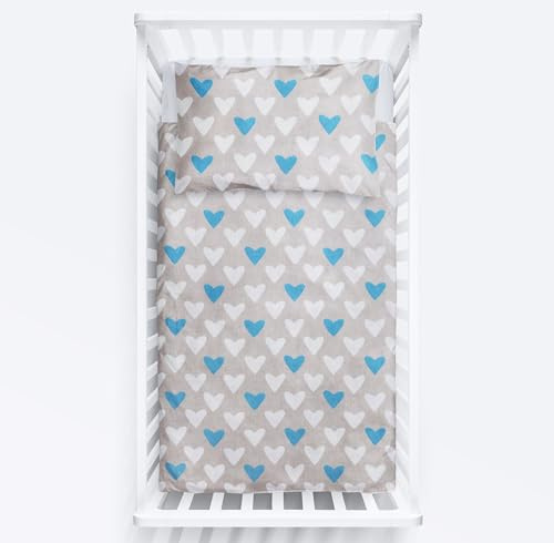 Juego de ropa de cama de 2 piezas para bebés y niños, 120 x 90 cm, funda de edredón y funda de almohada para cuna (corazones azules)