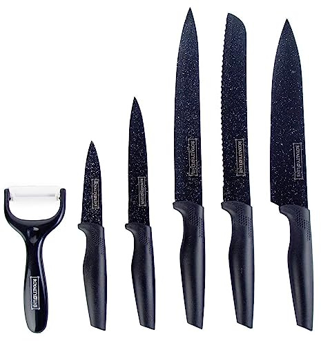 Lalene By RoyaltyLine messer scharf küche, Kochmesser 6 teilig mit anti haft Beschichtung, küchen messer Spickmesser, Brotmesser, Küchenmesser im Carbon Design (Non-stick Black)