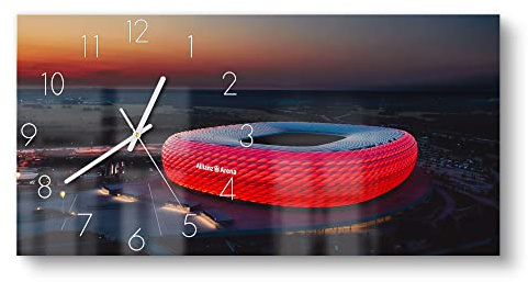 DEQORI Glasuhr | vertikal 60x30 cm | Motiv Allianz Arena, München | große XXL Design Uhr aus Glas | leise Wanduhr für Wohnzimmer & Küche | moderne Hingucker Uhr für die Wand