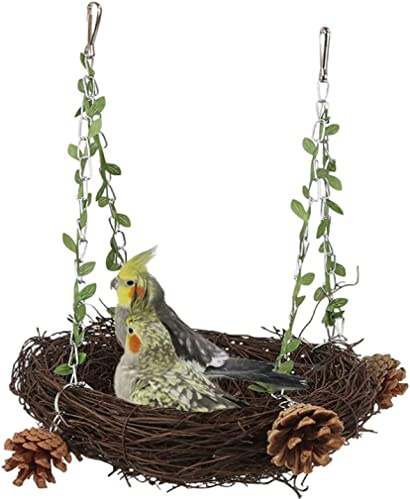 WACURRENTHYD Natural Rattan Nest Small Medium Large Bird Swing for Parrot Parakeet Cockatiel Conure Cockatoo Macaw Amazon African Grey Lovebird Finch Canary Budgie Cage Perch Toy (Large)