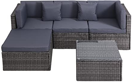 Panana Modular Rattan Garden Sofa Set, 4 Seater Freely Configurable Outdoor Sectional Furniture with Coffee Table, Cushions, Free Cover for Patio Conservatory (Mixed Grey Rattan with Grey Cushions)