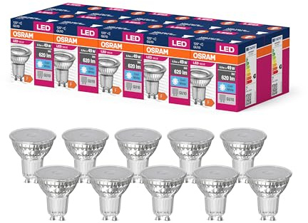 OSRAM Valor de estrella LED de PAR16 Lámpara LED para base GU10, lámpara reflector, GL, 620 lúmenes, blanco frío (4000k), reemplazo de bombillas convencionales de 49W, no Dimmable, paquete de 10