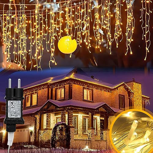 Herrselsam Eisregen Lichterkette Außen, 15m 600LED Lichtervorhang mit 8 Modi IP44 Wasserdicht, Lichterkette Strom mit Speicherfunktion, für Innen Außen Weihnachten Party (Warmweiß)
