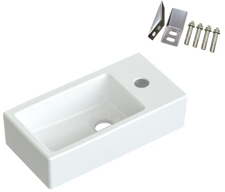 Waschbecken Keramik Waschtisch Hängewaschbecken klein Handwaschbecken Weiß Eckig 40 x 20 cm Badezimmer Gäste WC Hahnloch Rechts mit Stockschrauben | OHNE Überlauf | OHNE Wasserhahn | OHNE Ablaufventil