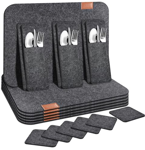 Juego de 18 Manteles Individuales de Fieltro, Lavables, Antideslizantes, Resistentes al Calor, con 6 Posavasos, 6 Bolsas para Cubiertos, para Cocina, Mesa de Comedor, 44 x 32 cm, Antracita