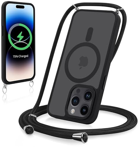 Yoedge Magnetica Cover per iPhone 15 Pro Max 6,7 con Cordino, Compatibile con MagSafe, Custodia Traslucida Opaca Hard PC Sottile TPU Antiurto Protettiva Case con Corda Collana Tracolla Laccio, Nero