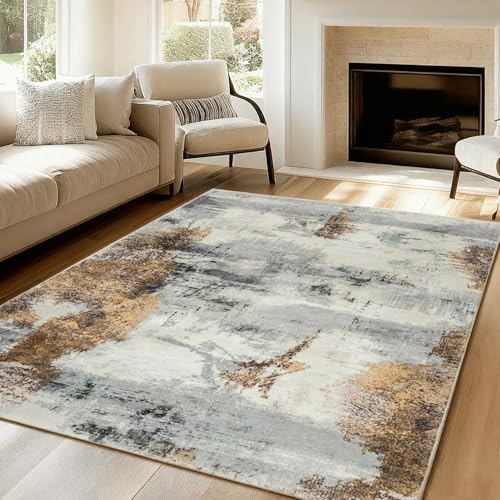 VK·LIVING Bereich Teppich Abstrakte 14.5mm Dicke Moderne Weiche Teppiche | Anti-Rutsch Wohnzimmer Teppich Mittlere Flor Teppiche für Schlafzimmer Büro Leicht zu Reinigen Gelb-braun 120X170CM